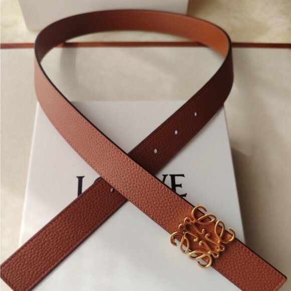Loewe Accessories - Loewe Tan Brown Grained Leather Belt with Gold Anagram Buckle Size 90
